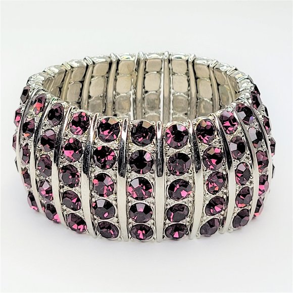 Purple Sparkle Rhinestones Stretch Wide Bracelet - Picture 2 of 8